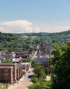 MORGANTOWN, WEST VIRGINIA - JUNE 12, 2016: View of the downtown area of Morgantown WV and campus of West Virginia University