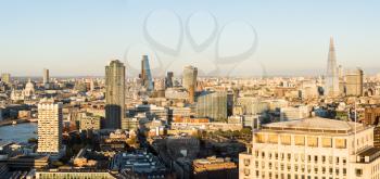 LONDON, UK - OCTOBER 1, 2015: Aerial panorama of many modern buildings in the City of London taken from Westminster, London, England