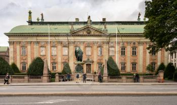 STOCKHOLM, SWEDEN - SEPTEMBER 9: Tourists by House of Nobility in Gamla Stan on September 9, 2017 in Stockholm, Sweden. The palace was built in 1660.