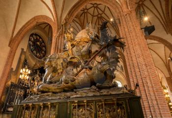 STOCKHOLM, SWEDEN - SEPTEMBER 9: Statue of St George and Dragon on September 9, 2017 in Stockholm, Sweden. The statue was carved in 1489