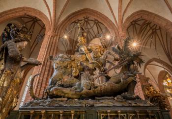 STOCKHOLM, SWEDEN - SEPTEMBER 9: Statue of St George and Dragon on September 9, 2017 in Stockholm, Sweden. The statue was carved in 1489