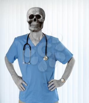 Senior male doctor with stethoscope in medical scrubs but with bone skull for head to illustrate healthcare issues
