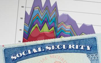 Social Security card in the USA laid on top of charts and graphs of budget in retirement