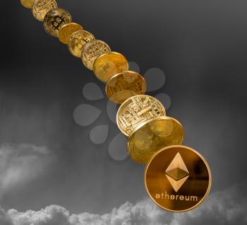 Ethereum and bitcoin coins falling from the sky to illustrate the falling price of the cybercurrency