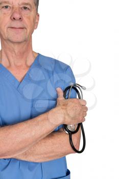 Senior doctor or medical specialist in blue scrubs and welcoming the patient and isolated against white background