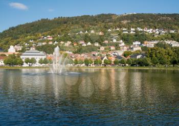 Fountain and Lille Lungegardsvannet lake in Bergen