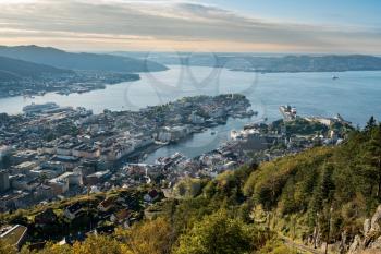 Overview of Bergen cityscape from the top of Floyen mountain in Norway