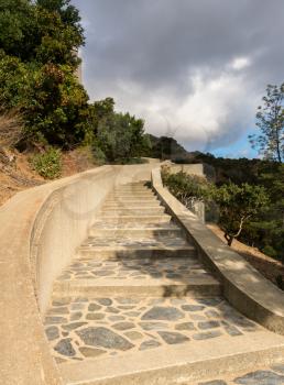 Steps to memorial to William Wrigley in botanic gardens near Avalon on Catalina Island