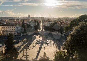 ROME, ITALY - MARCH 19, 2018: Piazza del Popolo with St Peters basilica on horizon in Rome, Italy