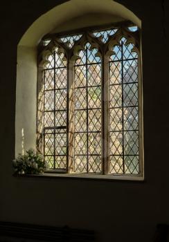 View through an old stained glass church window to flowering trees outside in sunshine