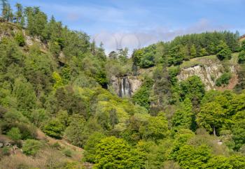 Small waterfalls and cascades at head of Pistyll Rhaeadr falls in Wales