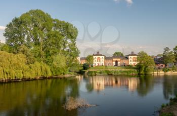 View of river Severn from English Bridge in Shrewsbury Shropshire with retirement apartments in background