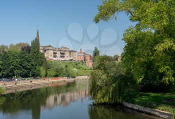 Skyline of town of Shrewsbury in Shropshire above the River Severn