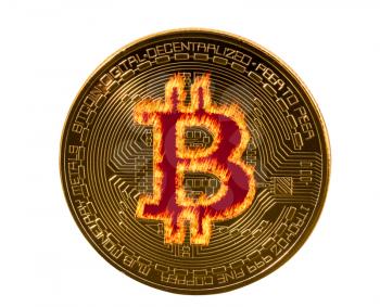 Single macro bitcoin  with flame effect and isolated against white background to illustrate blockchain and cyber currency