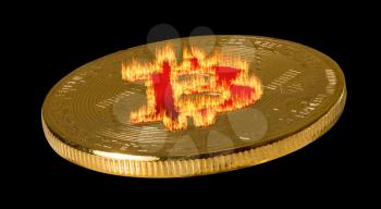 Single macro bitcoin  with flame effect and isolated against black background to illustrate blockchain and cyber currency