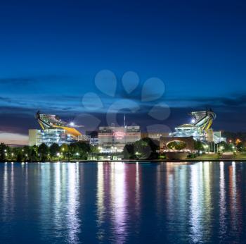 PITTSBURGH, PA - 3 jULY 2018: Heinz Field sports stadium and Science Center at night