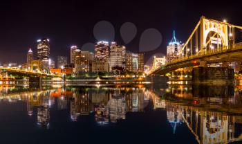 PITTSBURGH, PA - 3 jULY 2018: Downtown Pittsburgh from river trail on North Side at night
