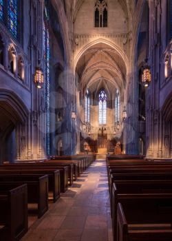 PITTSBURGH, PA - 5 JULY 2018: Aisle and altar inside Heinz Chapel at the University of Pittsburgh PA