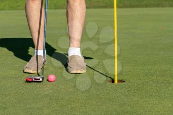 Pink colored golf ball by the flag and hole on putting green senior man tries to sink the ball with putter