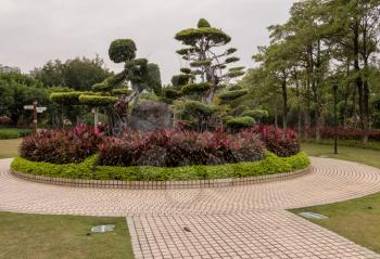 Ornamental trees and bushes being carved into shape in Bailuzhou Park, Xiamen