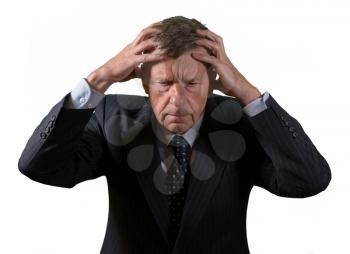 Front view and face of senior caucasian man worried and afraid with hands on head