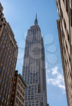 NEW YORK, NY - 4 jUNE 2018: View from street up to the top of the empire state building in New York City