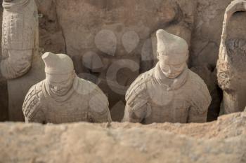 Detail of the pottery terracotta army warriors and soldiers found outside Xi'an China