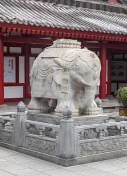 Large marble elephant statue at entrance to Giant Wild Goose Pagoda in Xi'an
