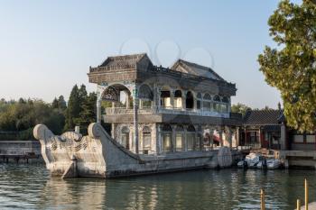 Marble boat on lake at the Emperor Summer Palace in Beijing, China