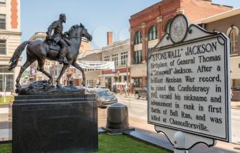 CLARKSBURG, WV - 15 JUNE 2018: Statue of Stonewall Jackson who was born in Clarksburg, West Virginia