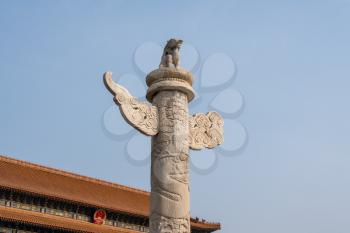 Dragon and Lion by entrance to Forbidden City in Tiananmen Square in Beijing