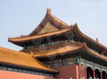 Details of the pottery roof tiles and carvings on Palace Museum in the Forbidden City in Beijing
