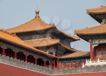 Details of the pottery roof tiles and carvings on Meridian Gate in the Forbidden City in Beijing