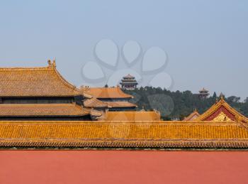 Details of the pottery roof tiles and carvings on Imperial Hall in the Forbidden City in Beijing