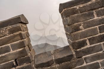 Detail of brickwork and indication of slope on Great Wall of China at Mutianyu