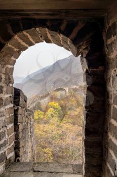 Great Wall of China at Mutianyu viewed through doorway of watchtower