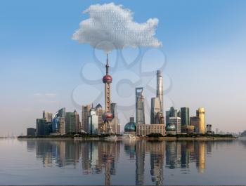 Cloud computing and internet data concept using panoramic view of Shanghai skyline