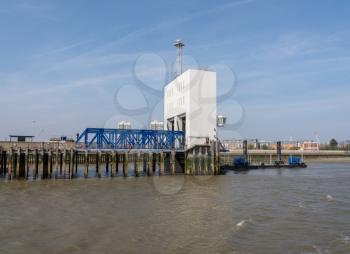 LONDON, UK - 15 APRIL 2018: Terminal in North Woolwich of the free Woolwich Ferry across the Thames in London