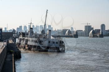 The wreck of the Royal Iris ferry boat that is sinking in London Docklands near the Thames Barrier