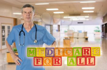 Medicare for All political policy for health insurance in wooden blocks against doctor background