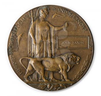Historic memorial plaque or remembrance medal created in 1917 for British Soldiers who died in the Great War