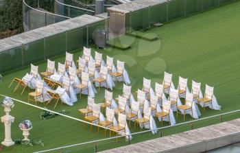 Fallen chairs at wedding chapel on roof of Cruise Ship International Terminal in Shanghai