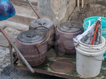 Chamber pots for human waste being collected for disposal as sewage in Shanghai