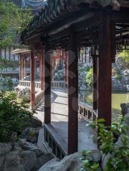 Crooked bridge in Yu or Yuyuan Garden in  the old city of Shanghai