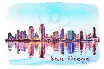 Digital watercolor painting from photograph of the tall skyscrapers of San Diego in California from Centennial Park in Coronado