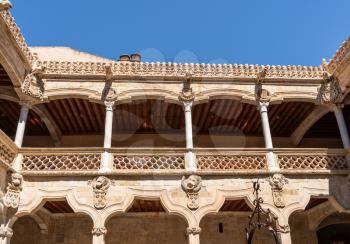 Ornate stone carvings on the Casa de la Conchas or shells around the central courtyard in Salamanca