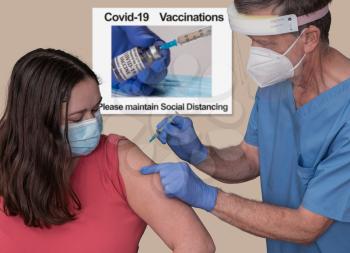 Senior man nurse with syringe injecting a young woman with the covid-19 vaccine in clinic or doctor office
