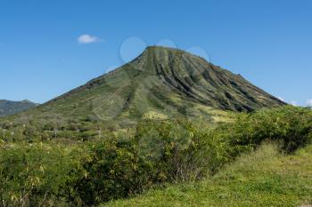 The steep railway trail up the side of the extinct volcano Koko Head on Oahu in Hawaii