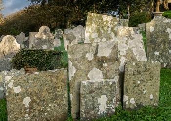 Stacks of gravestones in cemetery of St Morwenna and St John the Baptist in in Morwenstow, Cornwall
