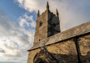 Stone tower of church of St Morwenna and St John the Baptist in in Morwenstow, Cornwall